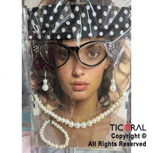 SET DISFRAZ VINCHA LUNARES ANTEOJOS COLLAR ARITOS Y PULSERA CON PERLAS x 1